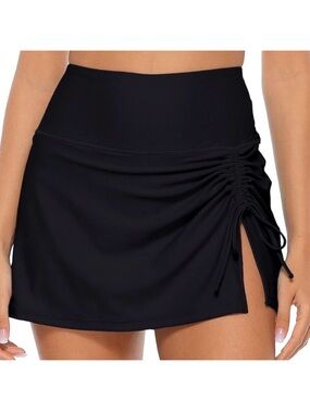 SKIRTED HIGH-RISE BLACK SWIM BOTTOMS, RUCHED SLIT, SIZE XL, TANKINI, BIKINI